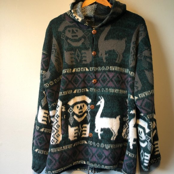 Sweaters - Alpaca Wool Aztec Pattern Hooded Button down Sweater